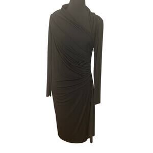 David Meister‎ Black Draped Ruched Long Sleeve Stretch Dress Size 10 LBD
